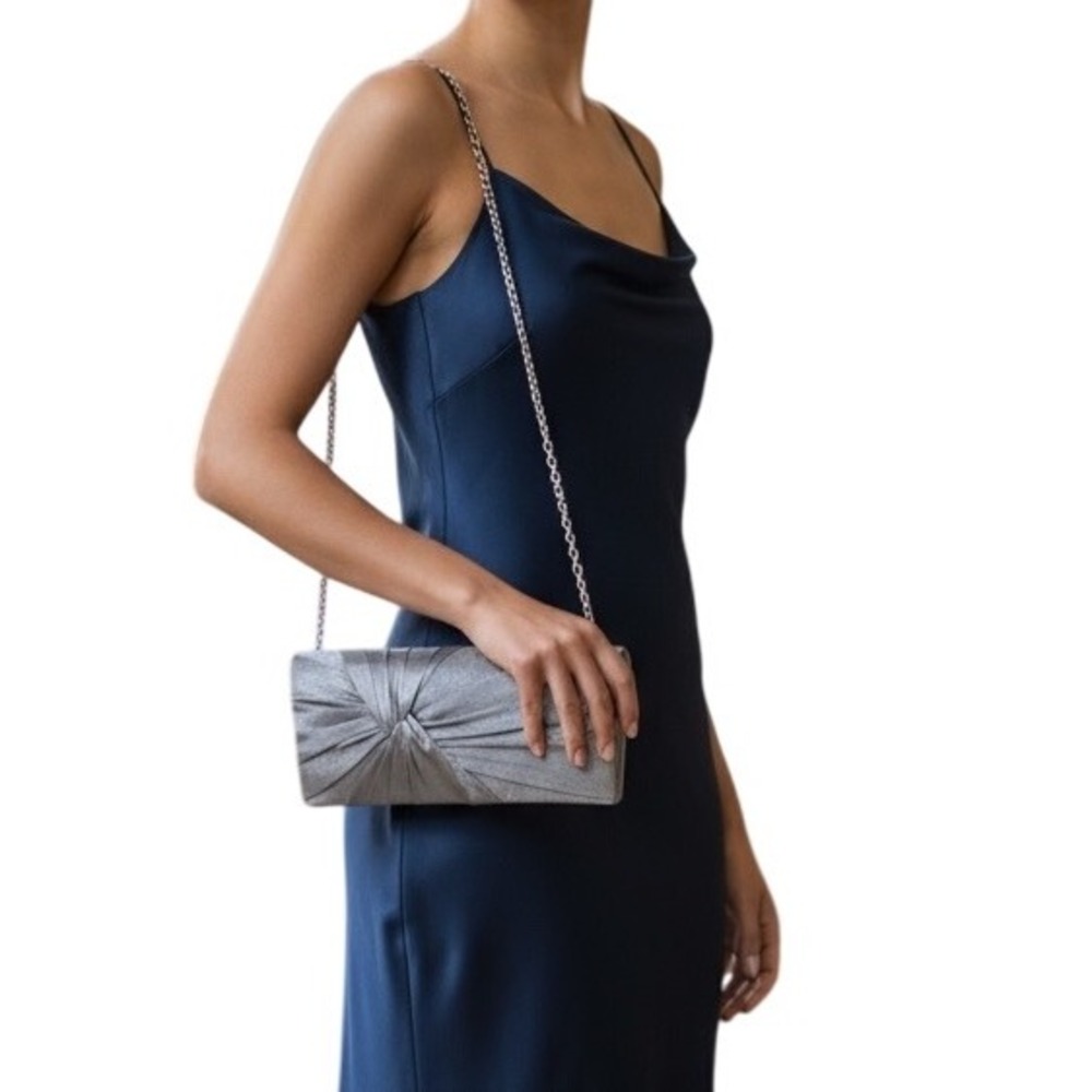 Charming Charlie RSVP Silver Satin Knot Clutch‎ Chain Strap Evening Bag